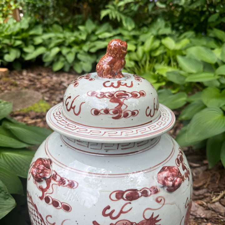 Red and White Dragon Motif Temple Jar