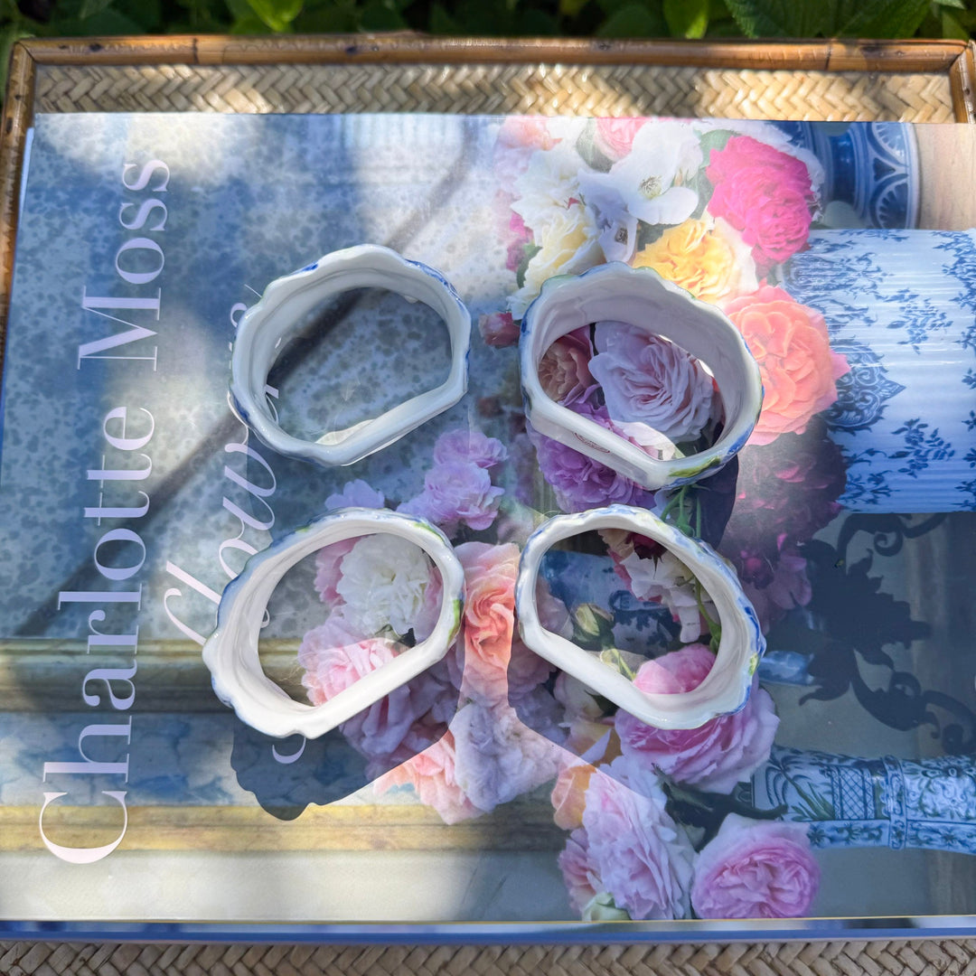 Set of Four Vintage Blue Hydrangea Napkin Ring Holders