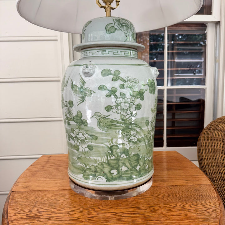 Green and White Floral Temple Jar Lamp