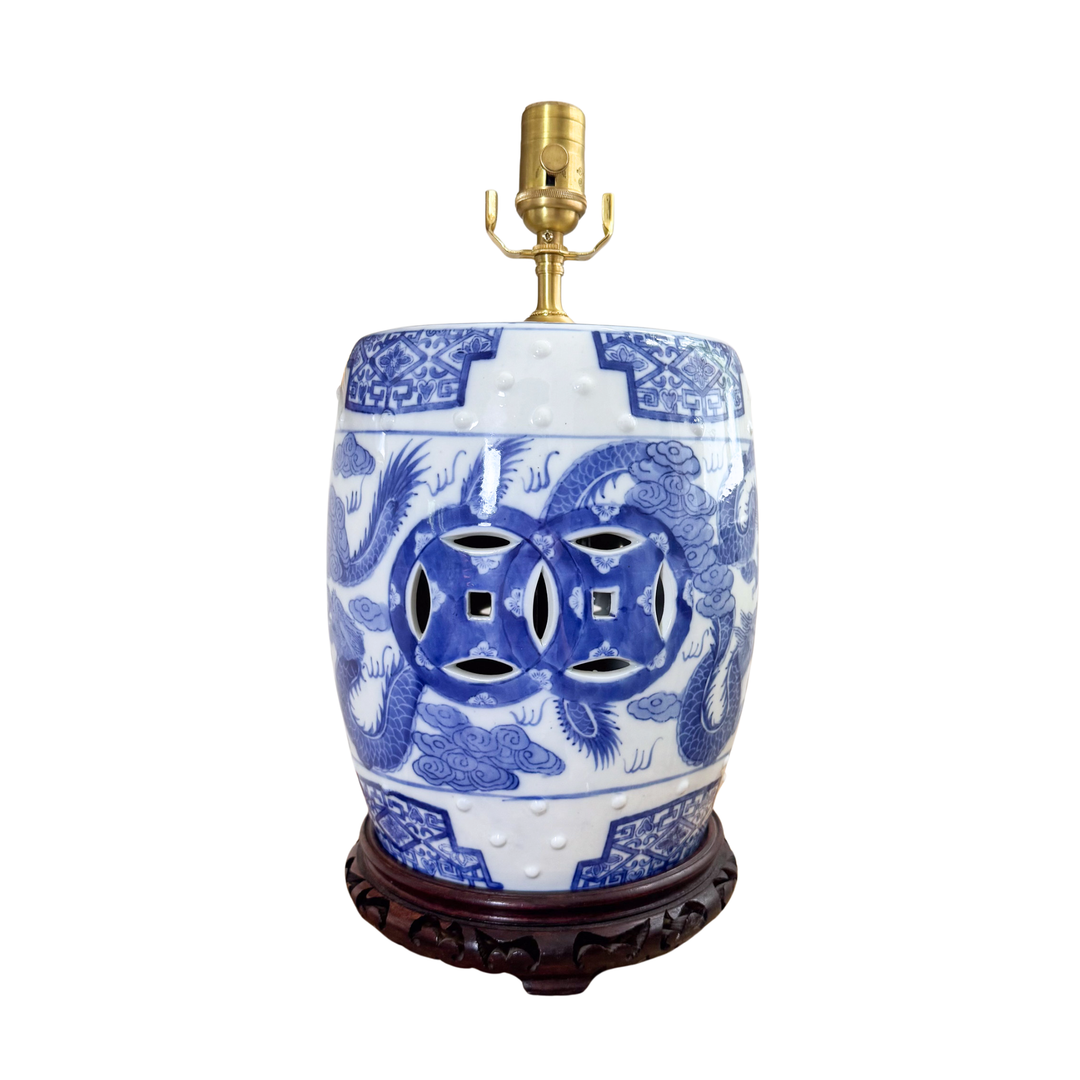 Vintage Blue and White Dragon Garden Stool Lamp