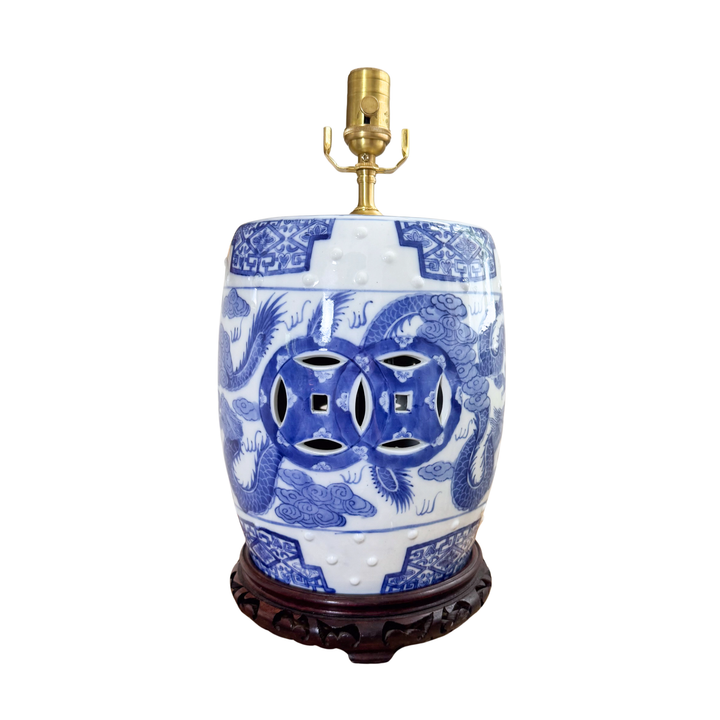 Vintage Blue and White Dragon Garden Stool Lamp