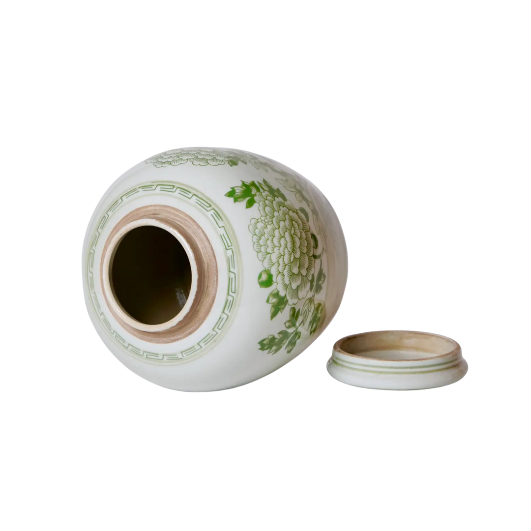Green and White Peony Ginger Jar