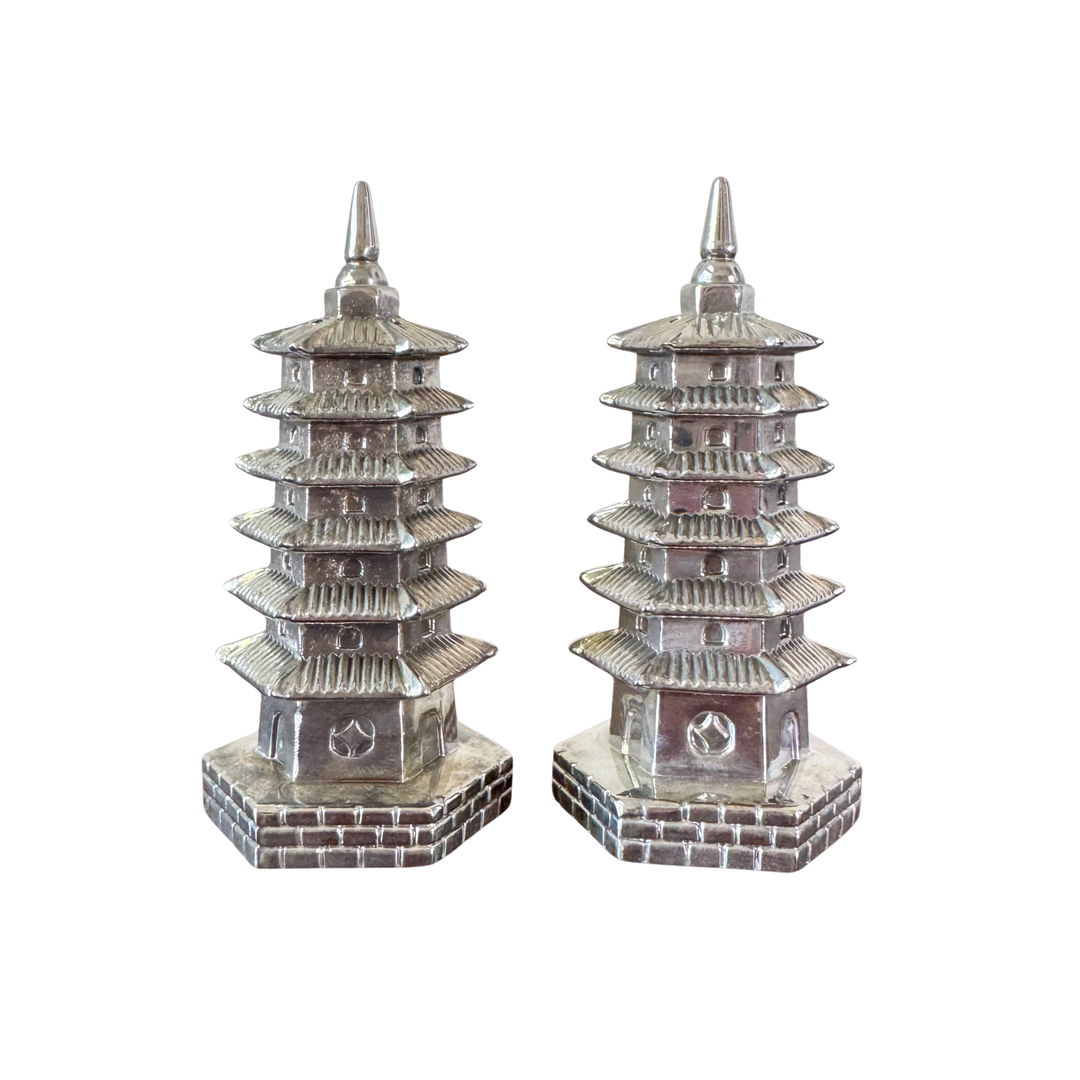 Pair of Vintage Godinger Silverplate Chinoiserie Pagoda Salt and Pepper Shakers