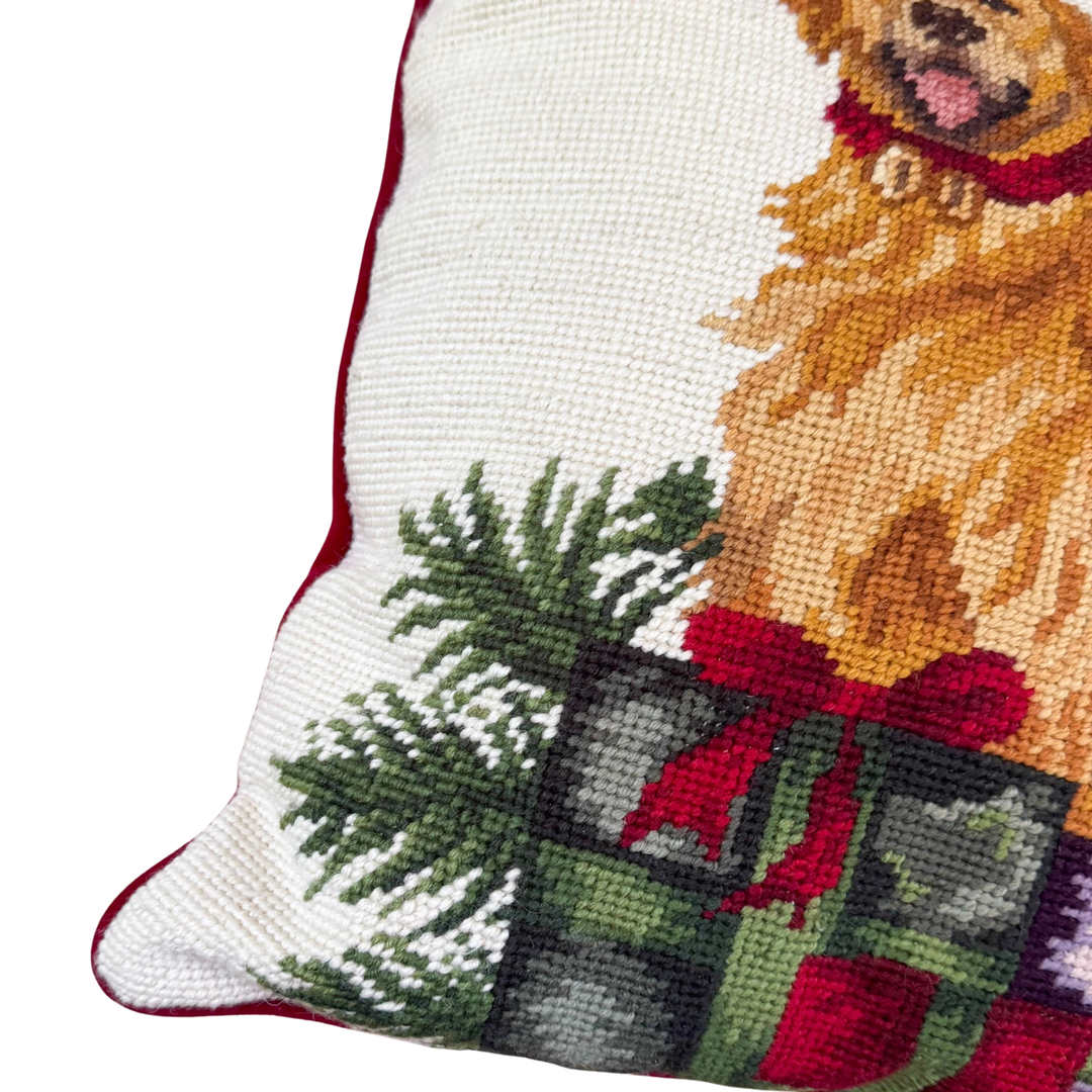 Vintage Golden Retriever Christmas Needlepoint Pillow