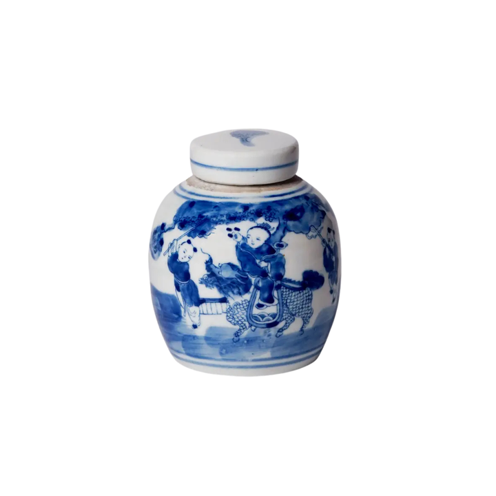 Mini Blue and White Children Playing Ginger Jar