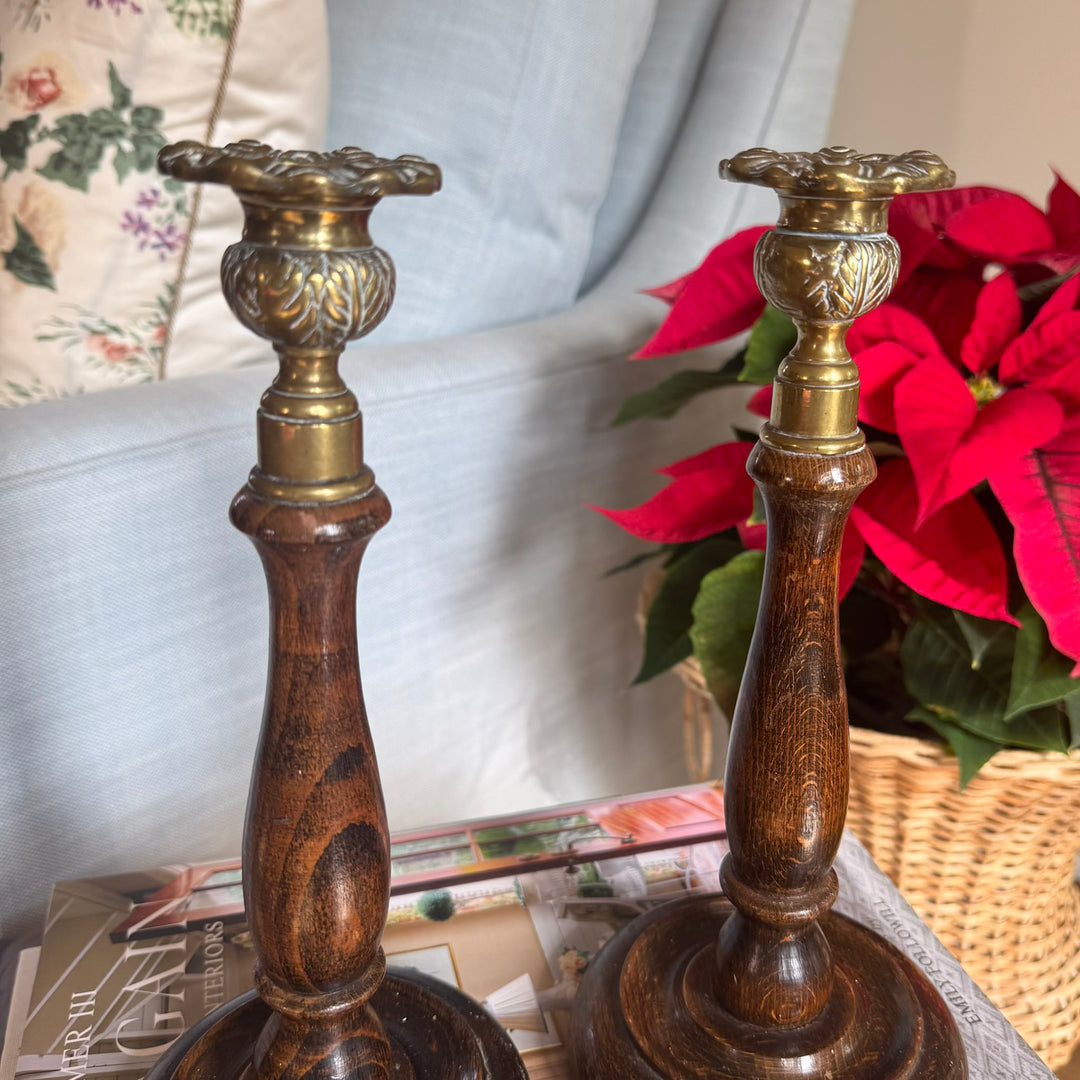 Pair of Antique English Oak and Brass Candlesticks