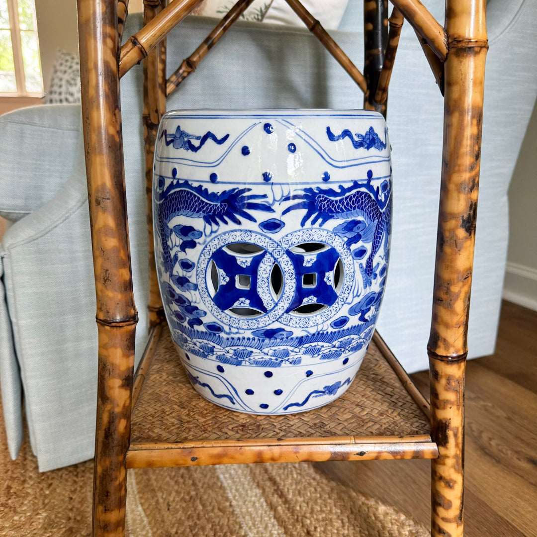 Petite Blue and White Chinoiserie Dragon Garden Stool
