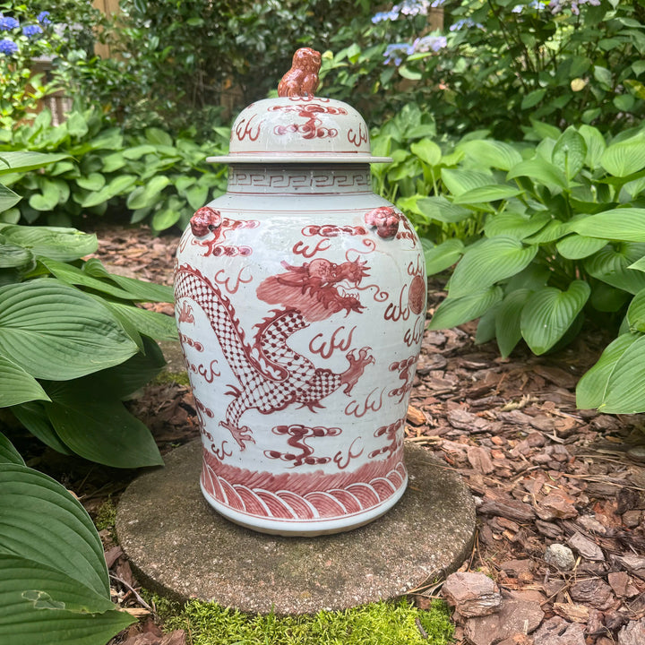 Red and White Dragon Motif Temple Jar