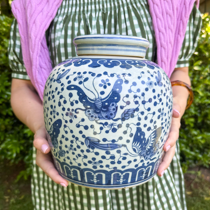 Blue and White Polka Dots Butterfly Ginger Jar