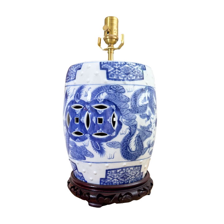 Vintage Blue and White Dragon Garden Stool Lamp