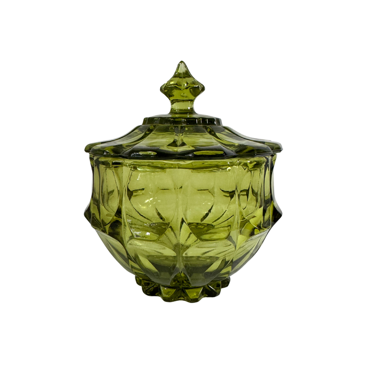 Vintage Green Glass Lidded Candy Dish