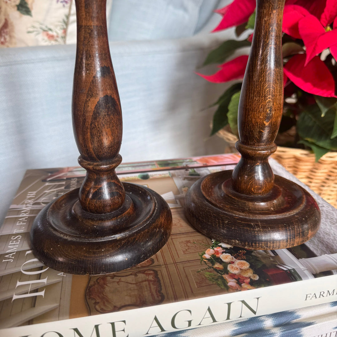Pair of Antique English Oak and Brass Candlesticks