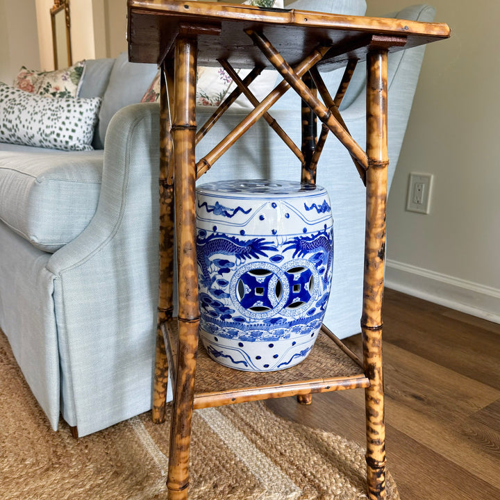 Petite Blue and White Chinoiserie Dragon Garden Stool