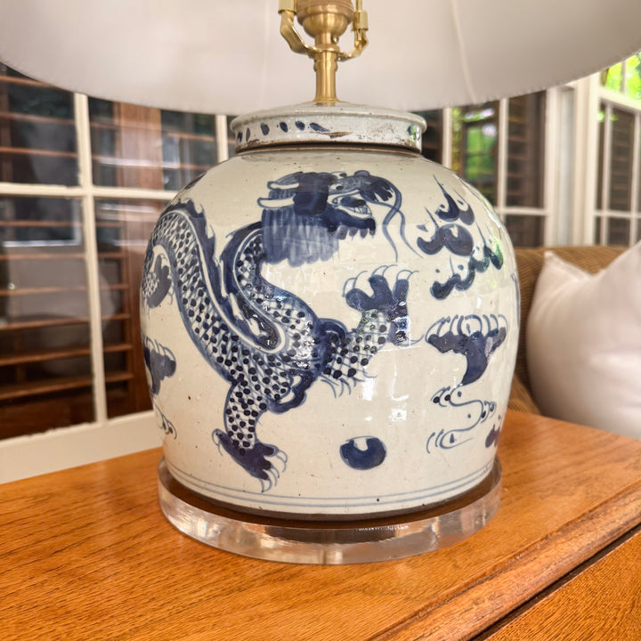 The June Lamp - Blue and White Dragon Ginger Jar Lamp