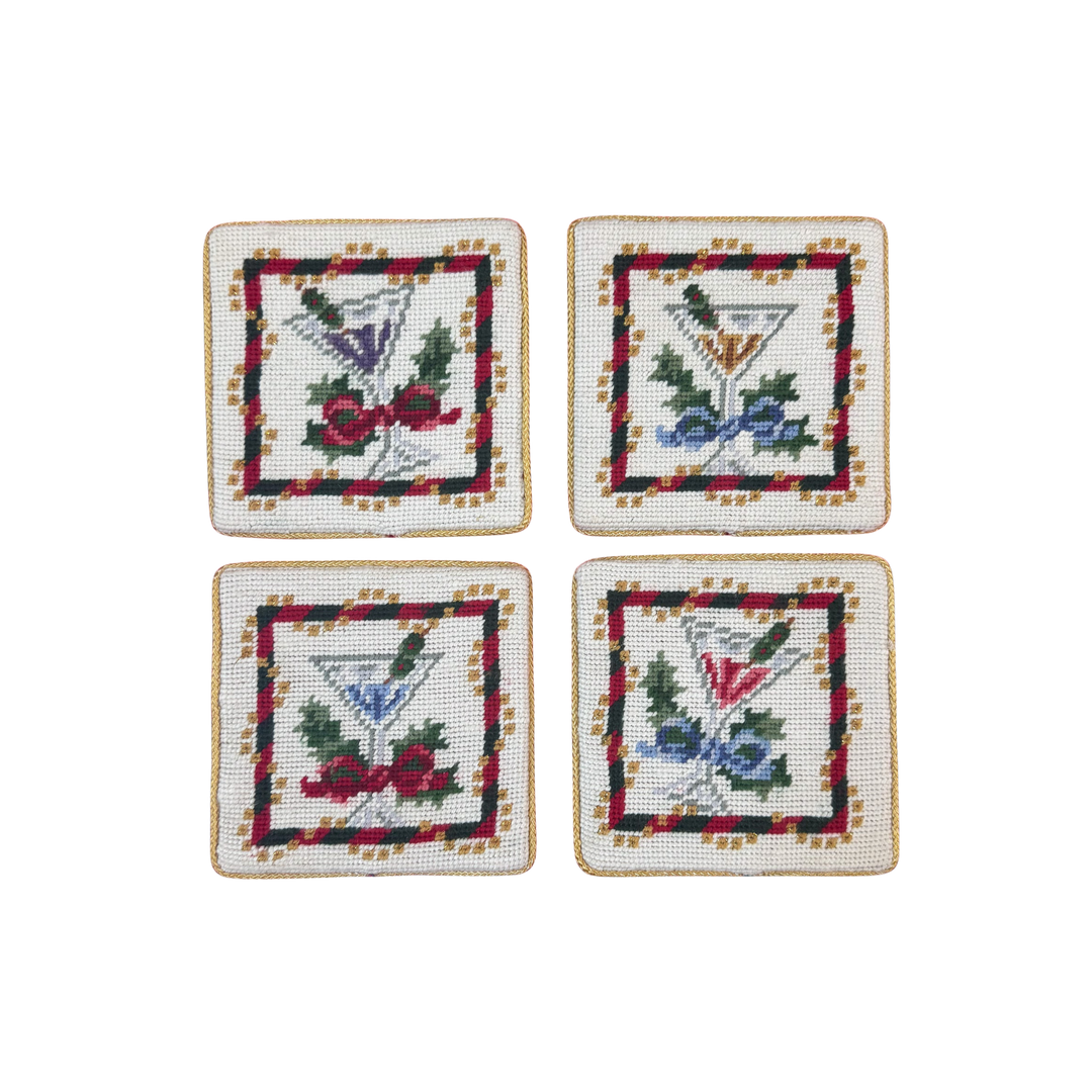 Vintage Set of Four Christmas Needlepoint Coasters