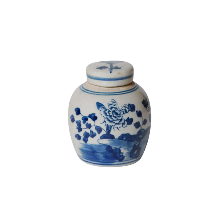 Mini Blue and White Peony Floral Ginger Jar