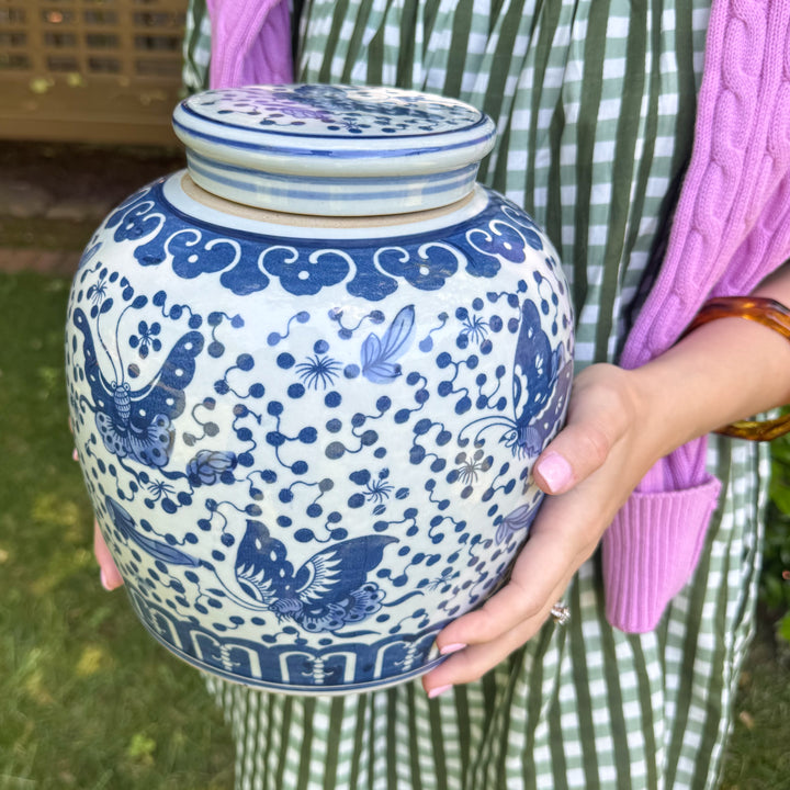 Blue and White Polka Dots Butterfly Ginger Jar