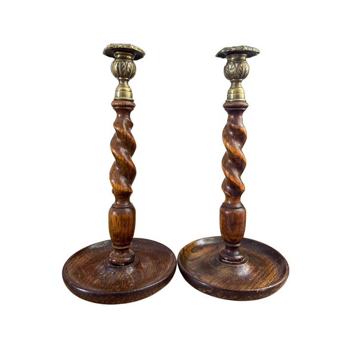 Pair of English Oak and Brass Barley Twist Candlesticks