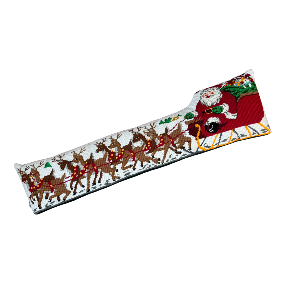 Vintage Santa and Reindeer Needlepoint Pillow or Door Draft Stopper