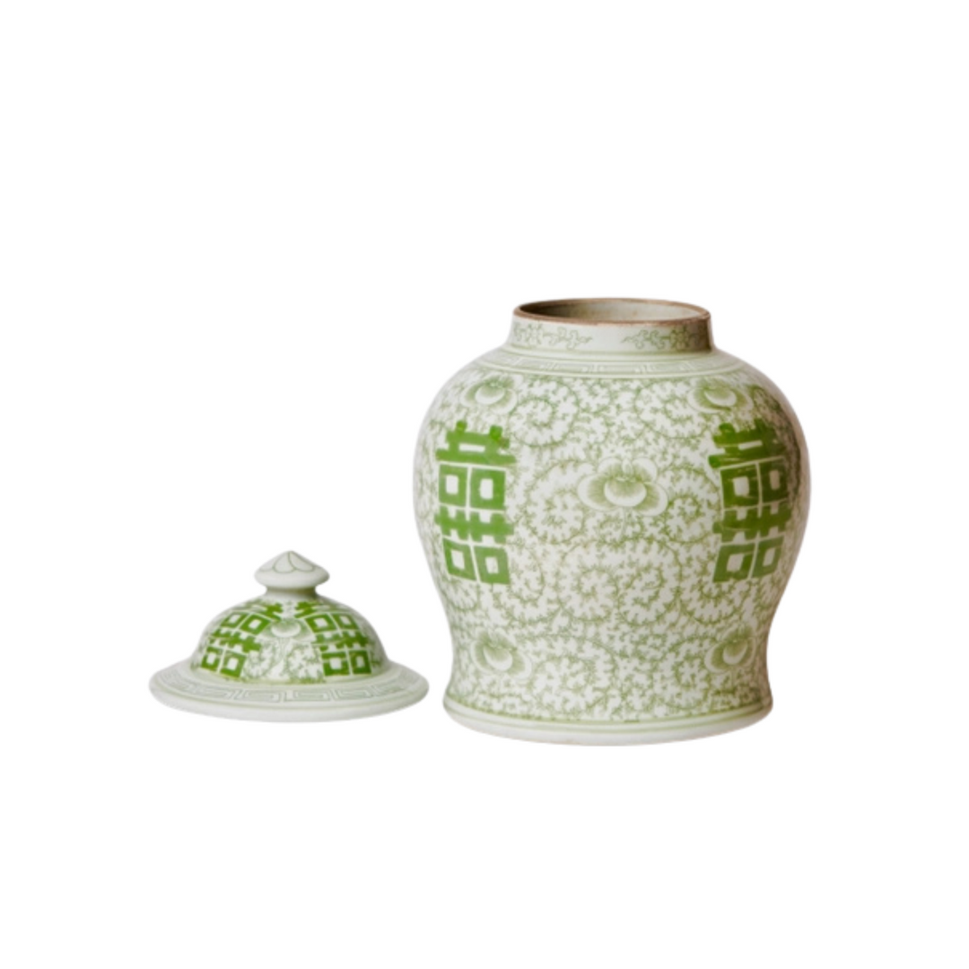Green and White Double Happiness Temple Jar