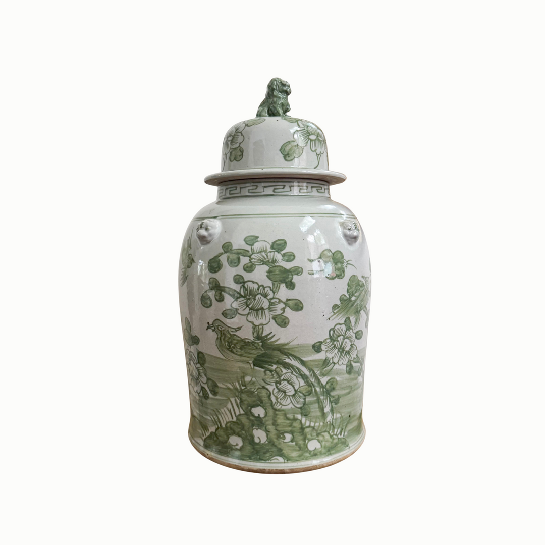 Green and White Porcelain Floral Temple Jar