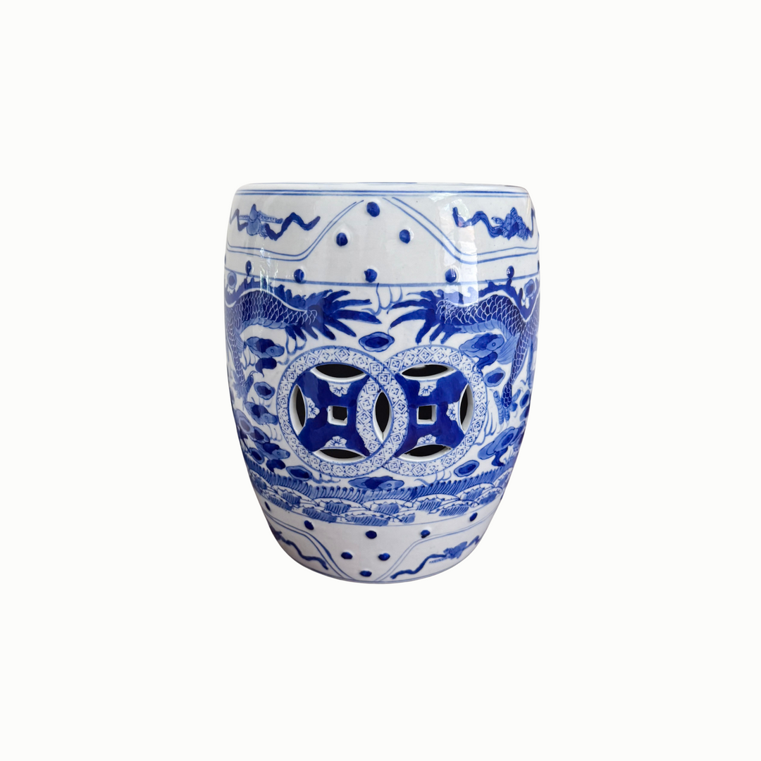Petite Blue and White Chinoiserie Dragon Garden Stool