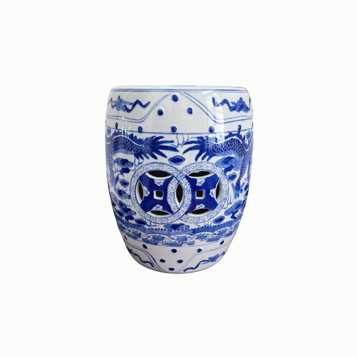 Petite Blue and White Chinoiserie Dragon Garden Stool