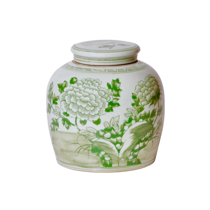 Green and White Peony Ginger Jar