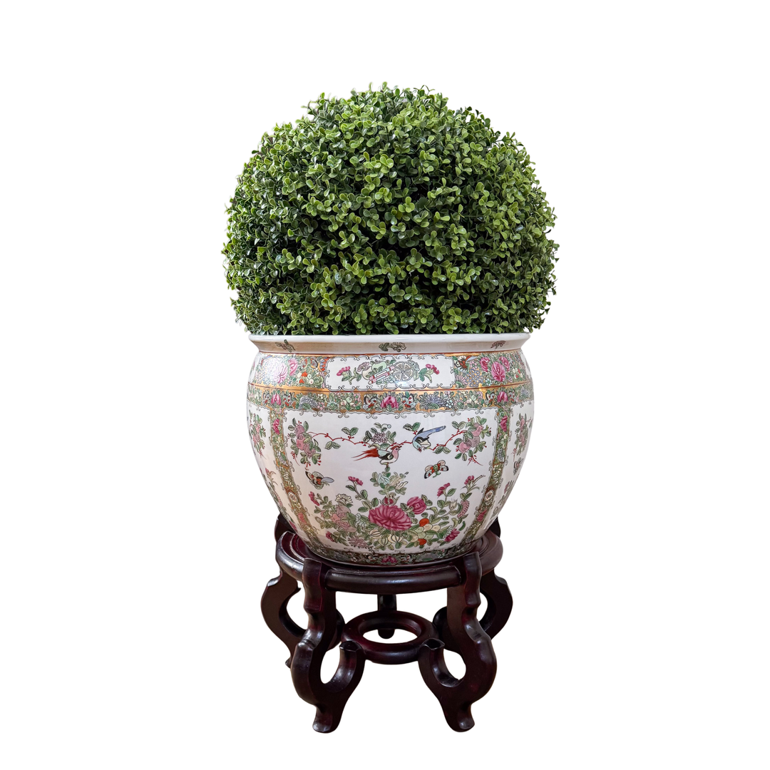 Vintage Large Rose Canton Fishbowl Planter with Wooden Stand