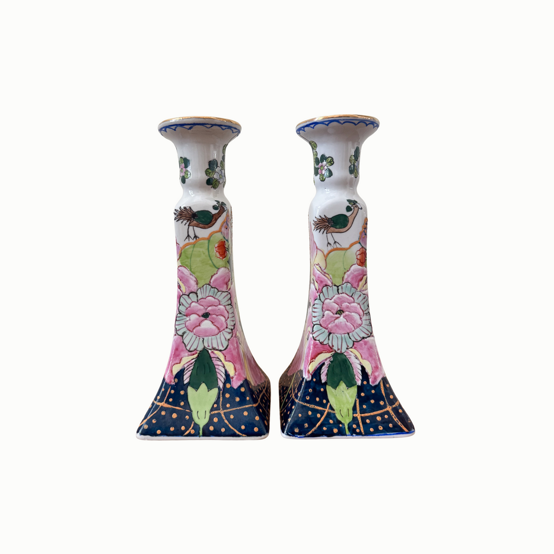 Vintage Pair of Tobacco Leaf Candlestick Holders