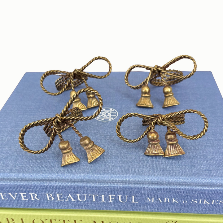 Set of Four Vintage Gold Bow Tassel Napkin Ring Holders