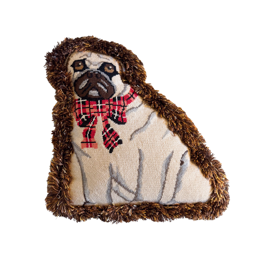 Pug Dog Shaped Needlepoint Pillow with Fringe Edge