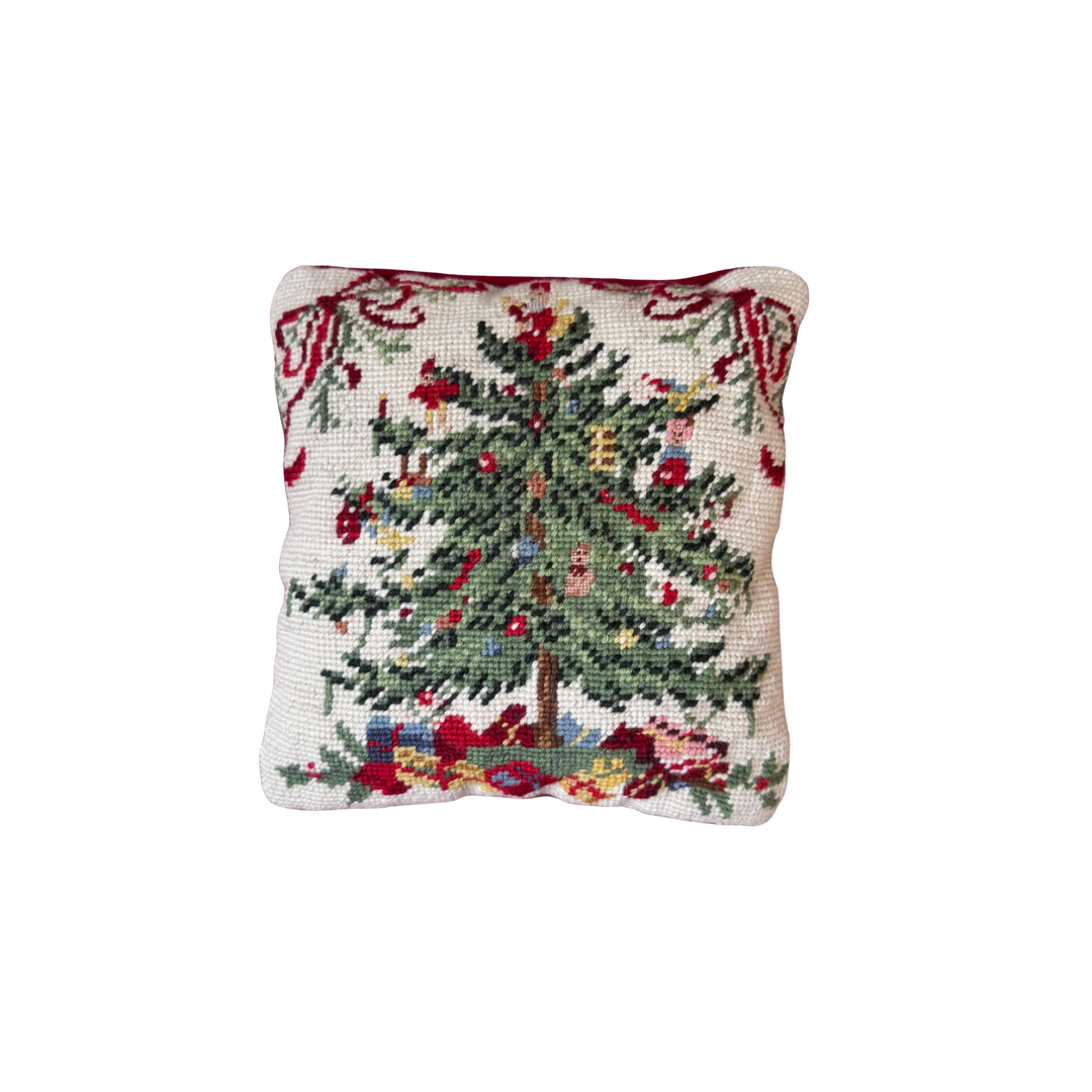 Vintage Spode Christmas Tree Inspired Petite Needlepoint Pillow