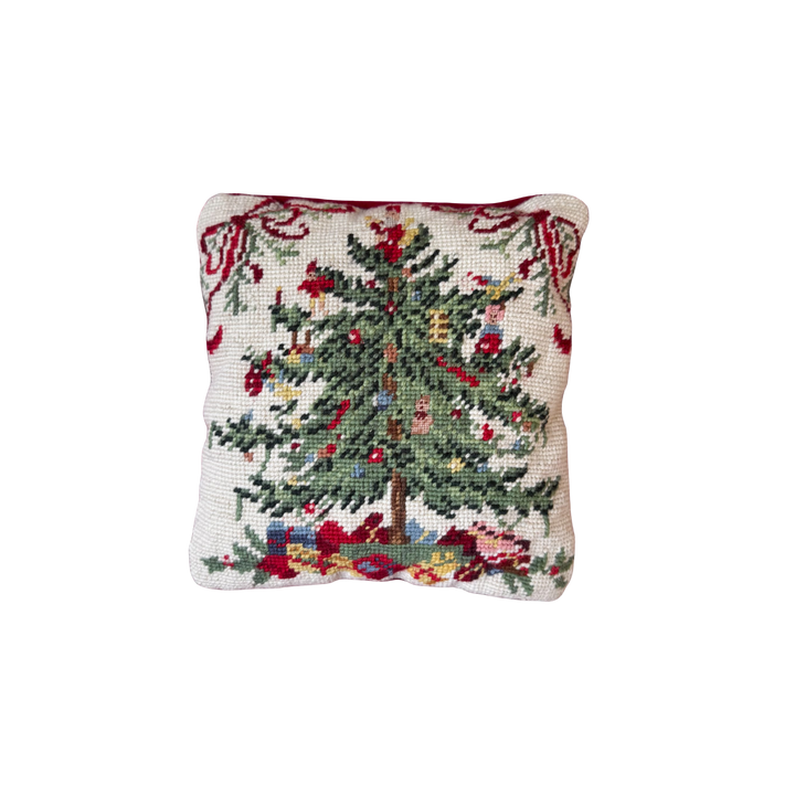 Vintage Spode Christmas Tree Inspired Petite Needlepoint Pillow