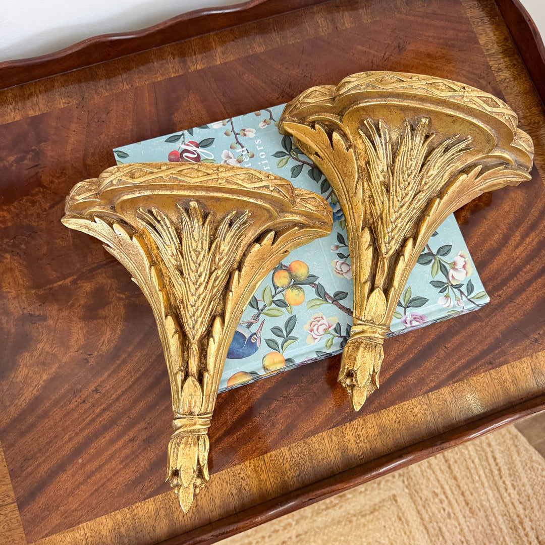 Vintage Pair of Gilt Wood Wheat Wall Sconces