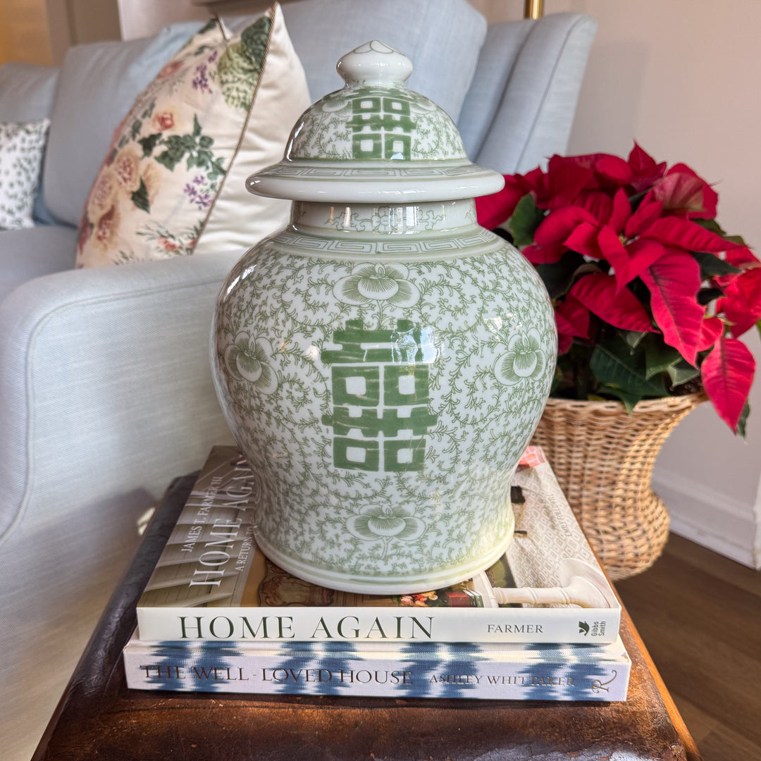 Green and White Double Happiness Temple Jar