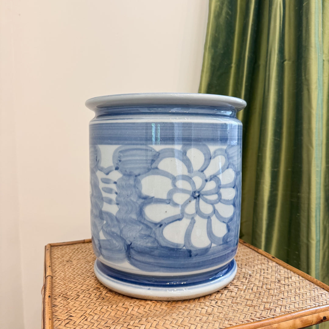 Hand Painted Floral Blue and White Porcelain Cachepot