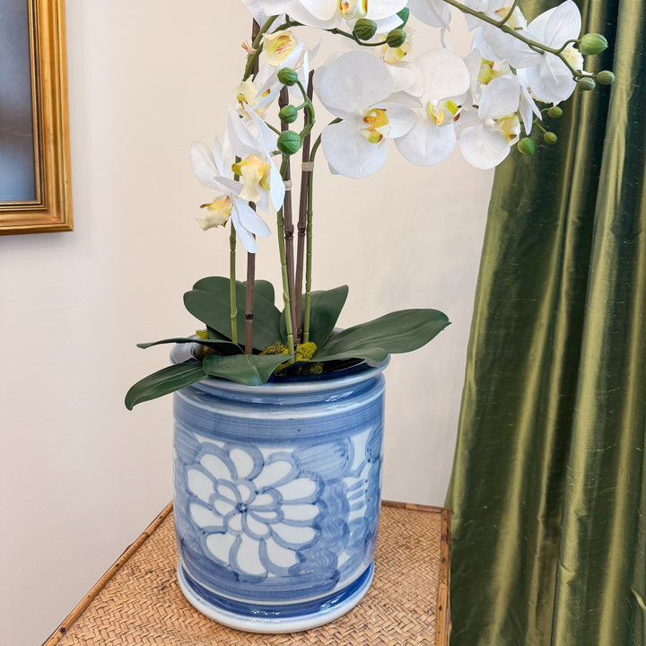 Hand Painted Floral Blue and White Porcelain Cachepot