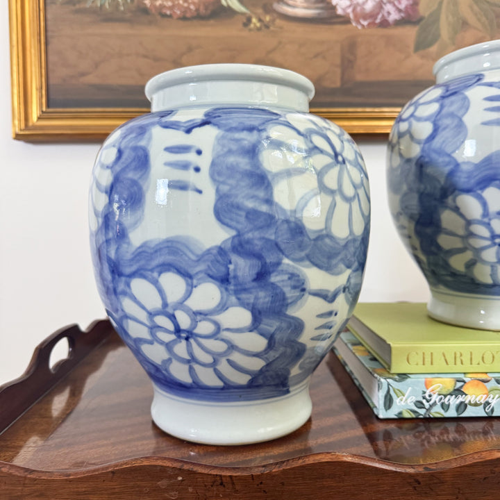 Hand Painted Floral Blue and White Vase