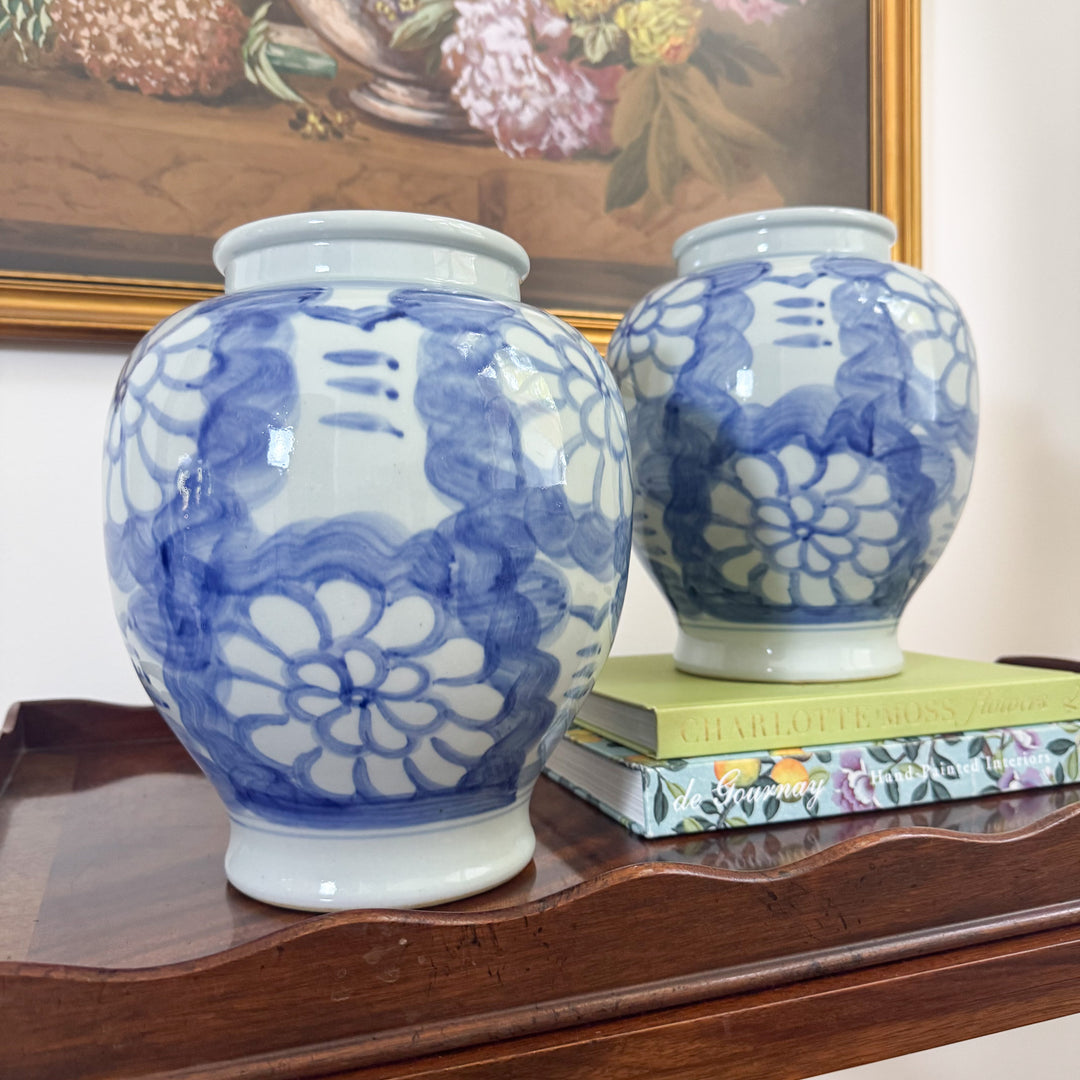 Hand Painted Floral Blue and White Vase