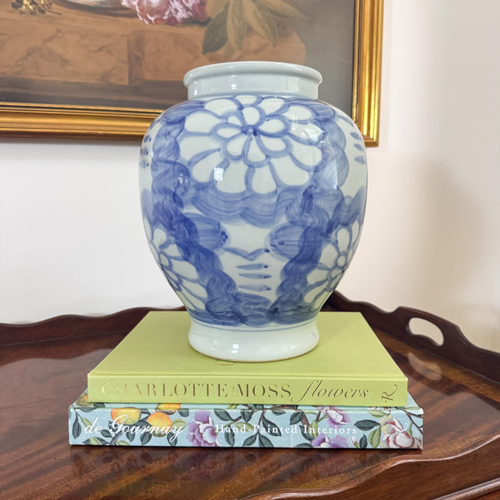 Hand Painted Floral Blue and White Vase