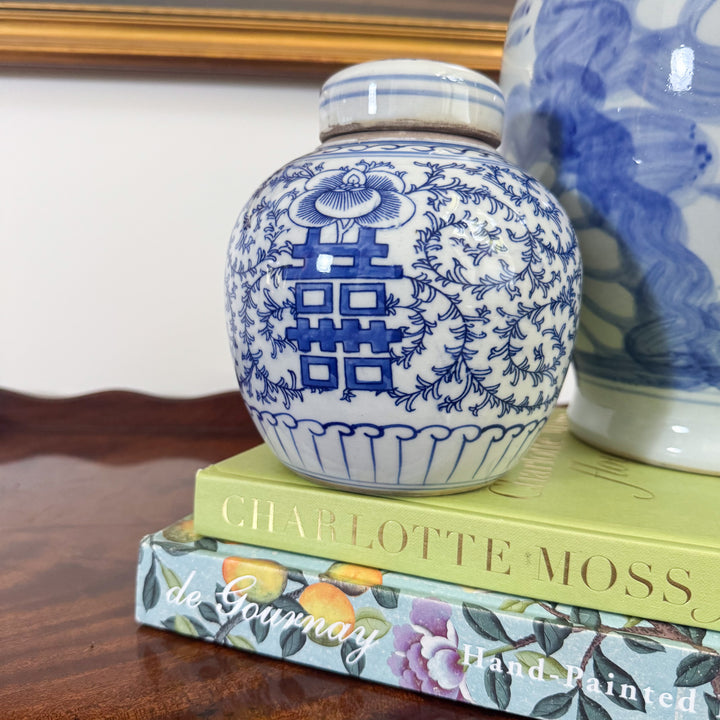 Blue and White Scrolling Peony Happiness Jar