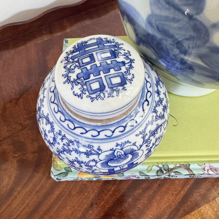Blue and White Scrolling Peony Happiness Jar