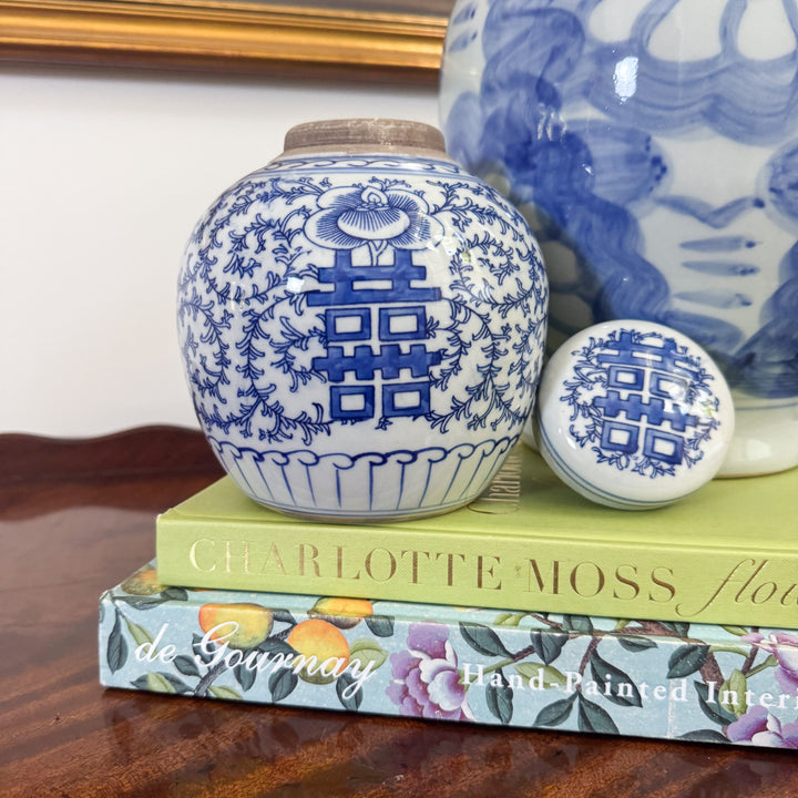 Blue and White Scrolling Peony Happiness Jar