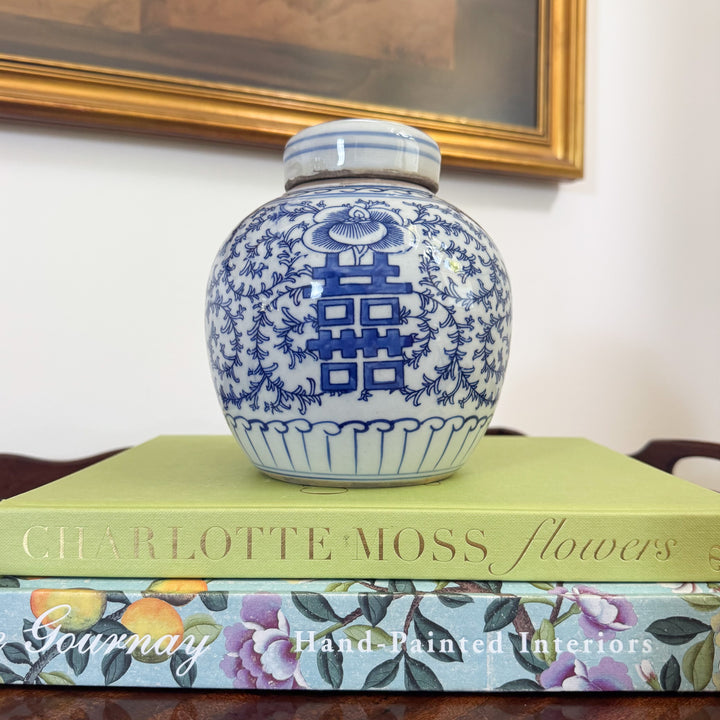 Blue and White Scrolling Peony Happiness Jar