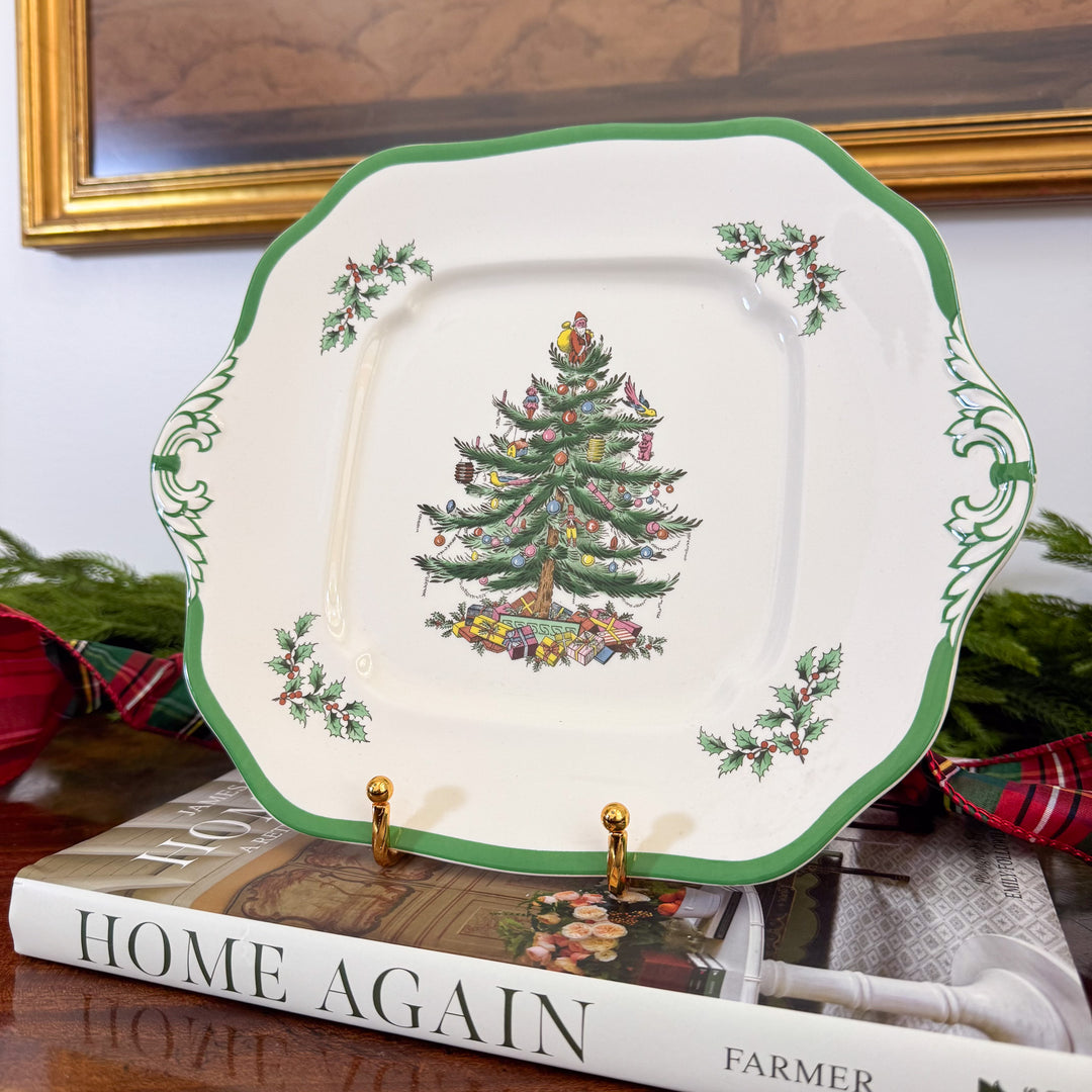 Vintage Spode Christmas Tree Square Handled Cake Plate