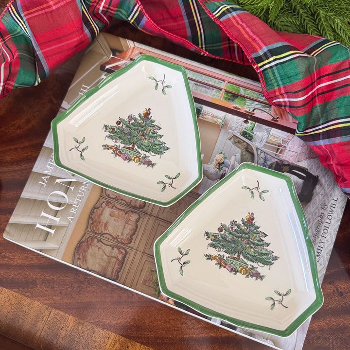 Vintage Pair of Spode Christmas Tree Triangular Plates