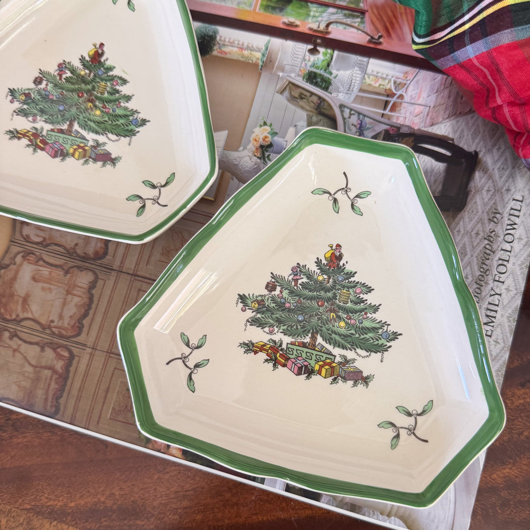 Vintage Pair of Spode Christmas Tree Triangular Plates