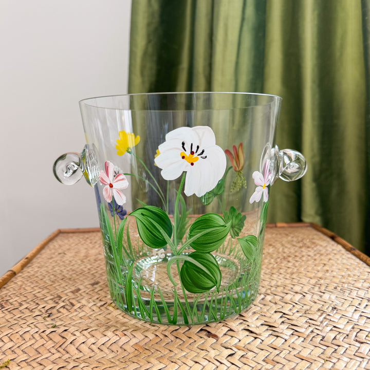 Vintage Hand-Painted Floral Glass Ice Bucket
