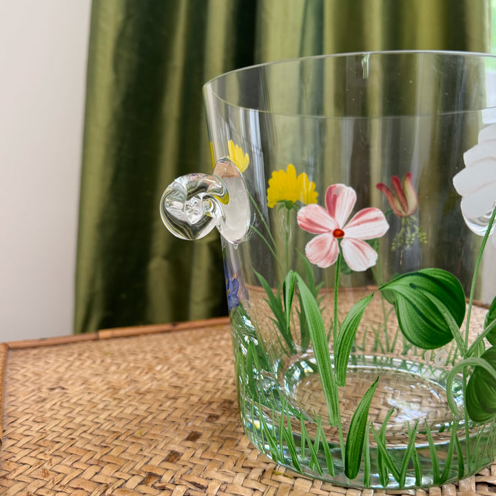Vintage Hand-Painted Floral Glass Ice Bucket